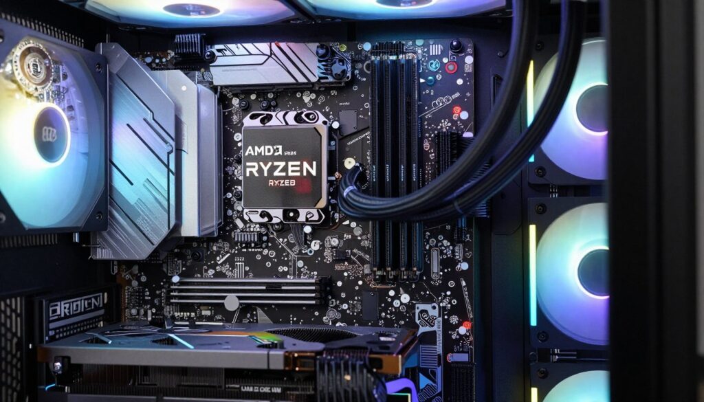 Gaming PC internal components showing motherboard and graphics card